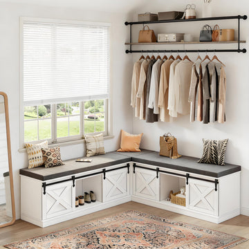 Farmhouse L Shaped Corner Shoe Storage Bench, Corner Bench with Cushion and Sliding Barn Door, 63" Breakfast Nook
