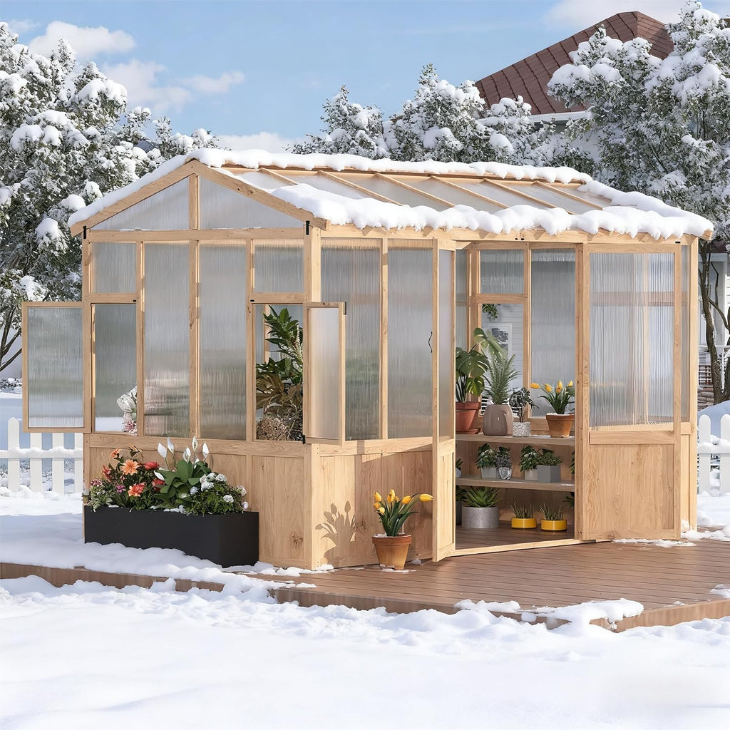 8X12 FT Wooden Greenhouse for Outdoor - Heavy Duty Walk-in Green House Kit with 6mm Polycarbonate, Lockable Door &