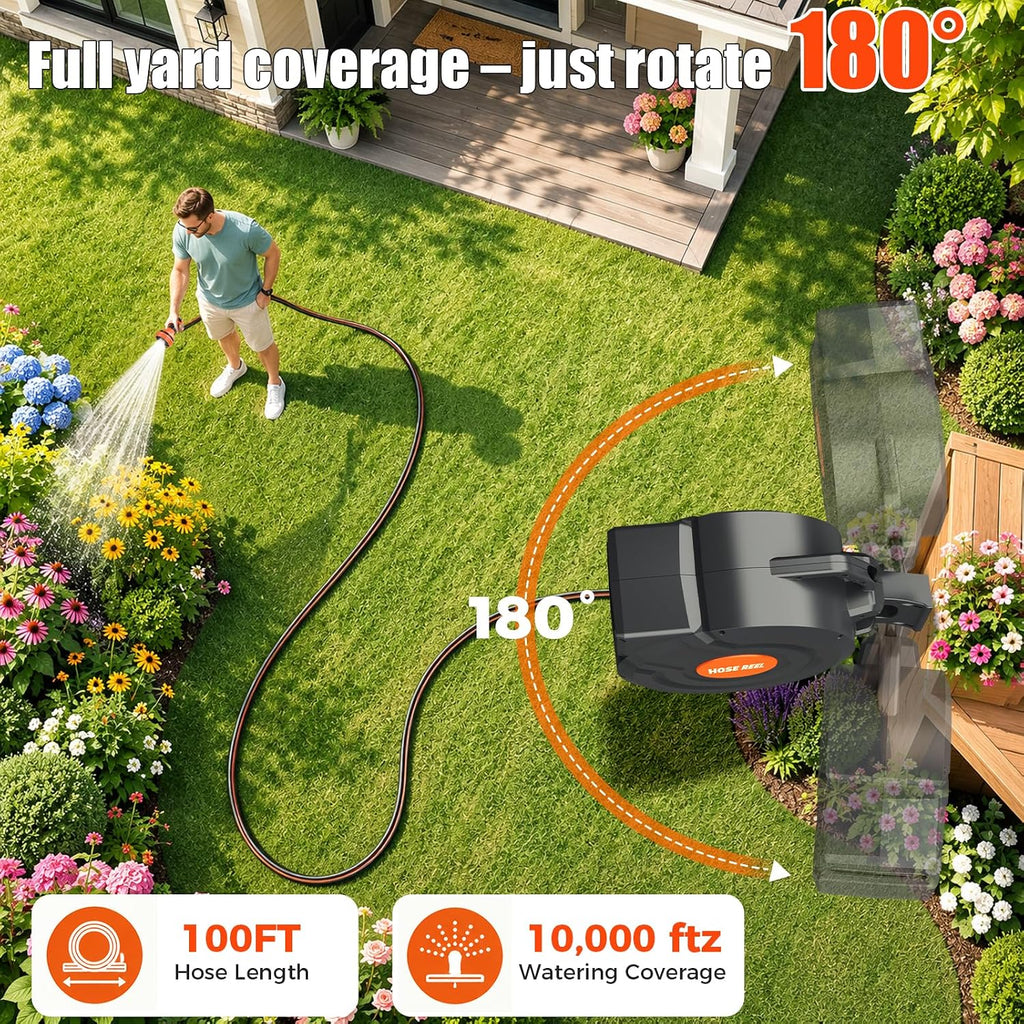 100FT Retractable Garden Hose Reel 5/8 Inch Heavy Duty Wall Mounted Retractable Hose Reel with 9-Pattern Nozzle, 180°
