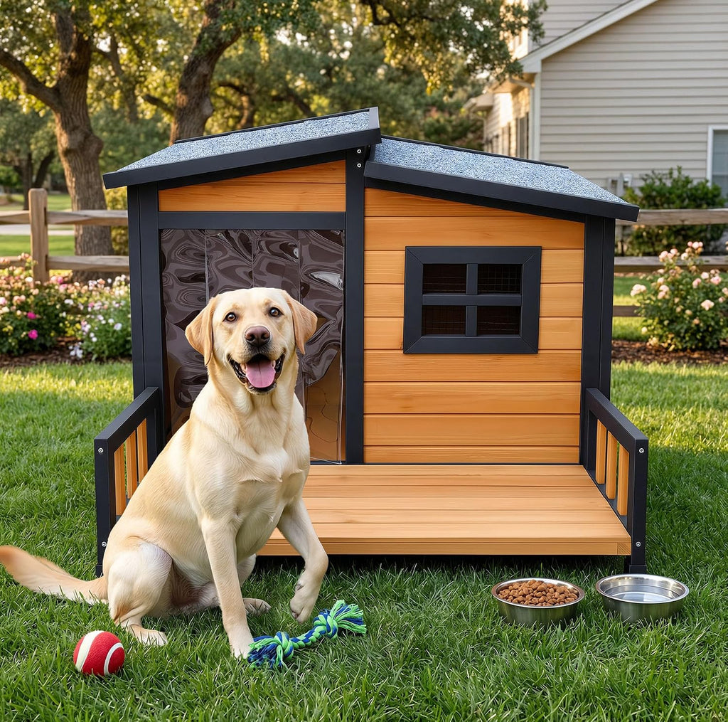 Insulated Outdoor Dog House for Small and Medium-Sized Dogs, Weatherproof Wooden Shelter with Elevated Floor &