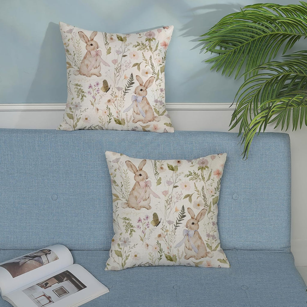 Spring Easter Pillow Covers 18x18 Inch Botanical Watercolor Floral Bunny Throw Pillows Flower Rabbit - Set of 2