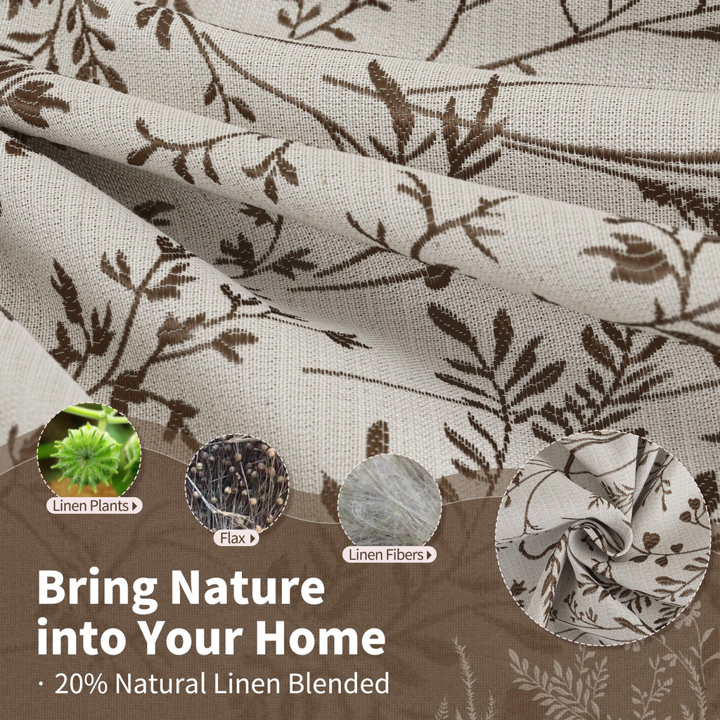Brown Fall Curtains - Linen Jacquard Botanical Branch Vintage Cottage Core Light Filtering French Country Rustic
