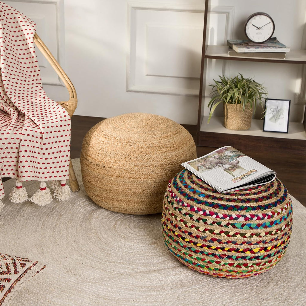 Braided Jute Cotton Pouf - Circular Boho Ottoman - Multi | Jute with Cotton Pouf, 19.5"x19.5"x14"; Braided Boho