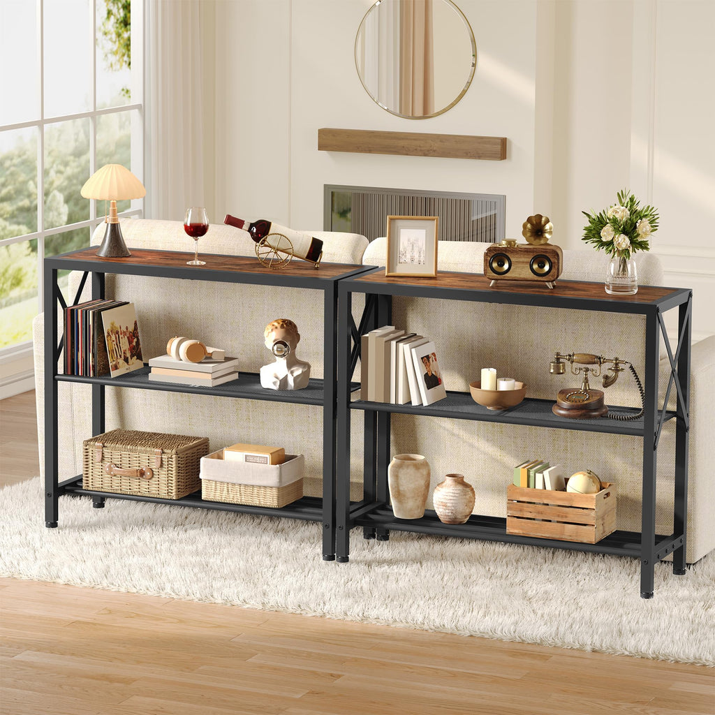 Set of 2 Industrial Console Table, 3 Tier Entryway Table, Metal Frame, Sofa Table with Shelf, Hallway Table, Entrance
