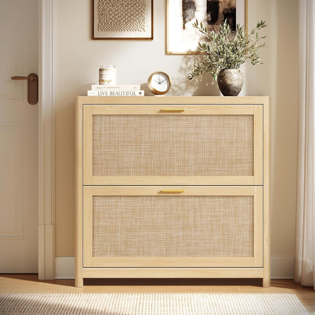 Boho Shoe Storage Cabinet Slim, Entry Shoe Cabinet with Rattan-Look Flip Drawers, Rounded Corners