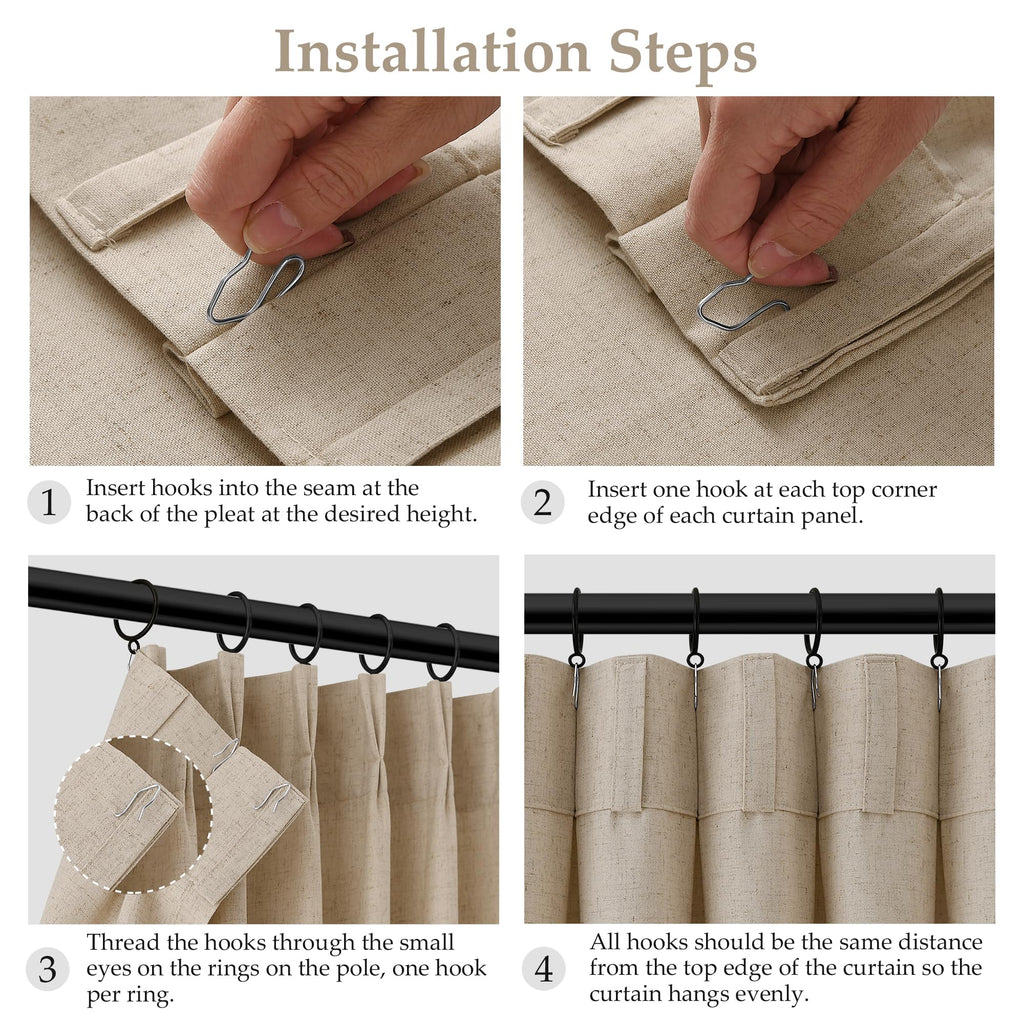 Eggshell Beige Extra Long Linen Pinch Pleated Curtains 108 Inches Long Pinch Pleat Drape Hooks Rings Back Tab Semi