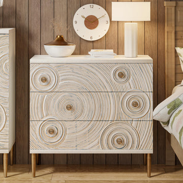 Boho Embossed 3 Drawer Dresser with Ring Motif, White and Gold