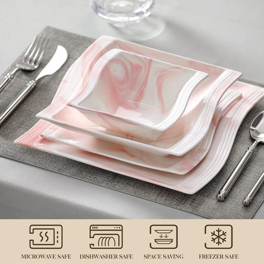 Plates and Bowls Sets, 26 Pieces Pink Dinnerware Sets for 6, Porcelain Dinnerware Set with Dinner Plates and Bowls