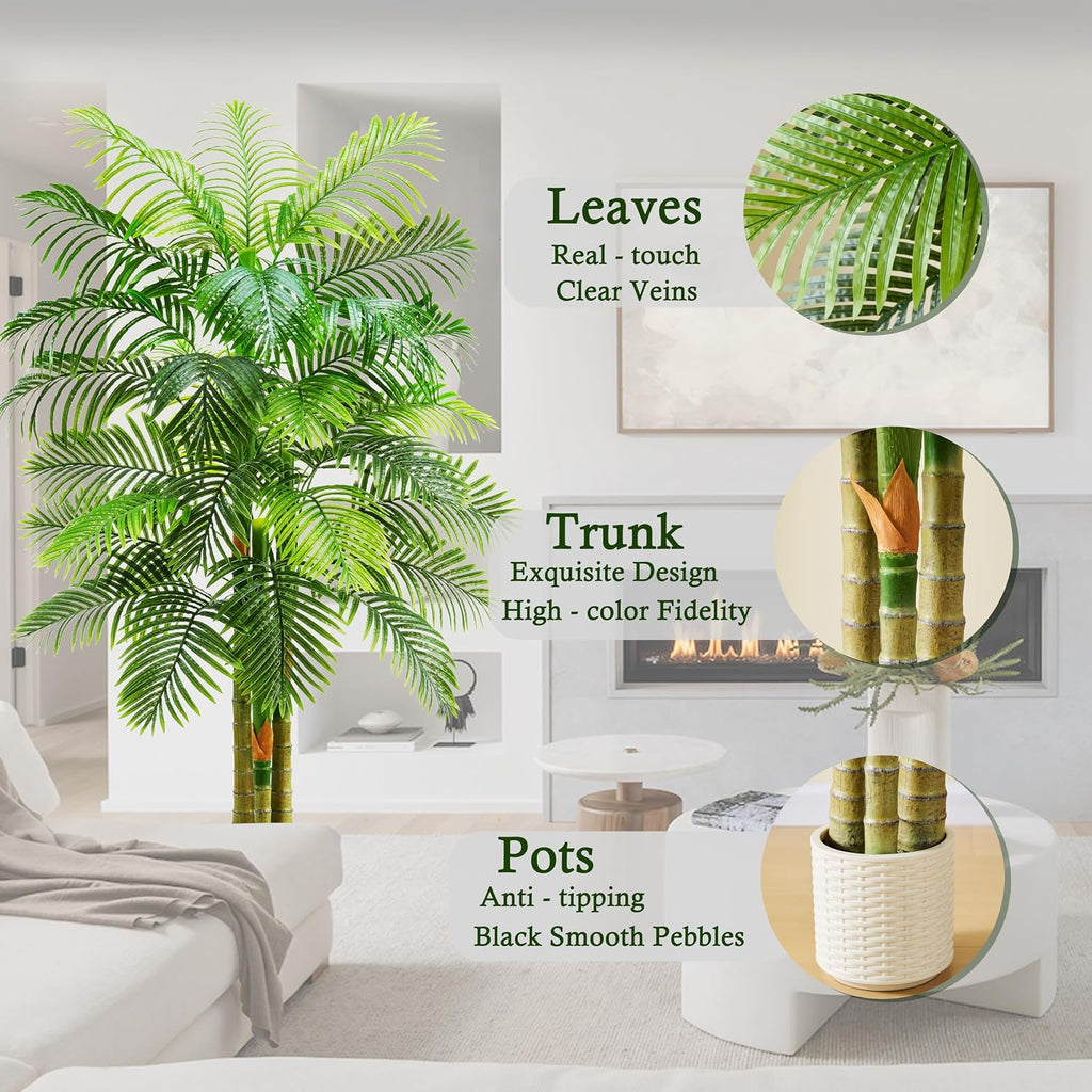 Artificial Golden Cane Palm Tree:6T Fake Large Tropical Areca Palm Trees Tall Faux Silk Plant in White Pot