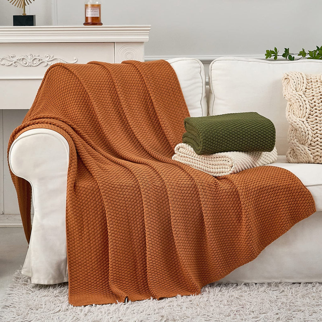 100% Cotton Knitted Throw Blanket - Burnt Orange, Soft & Cozy, Machine Washable, 60"x80" - Perfect, Couch, Sofa, Bed
