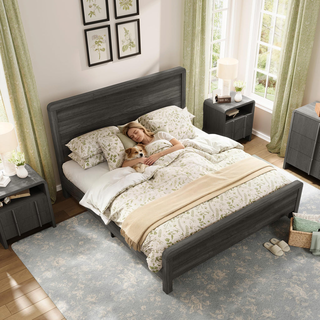 Full Wood Bed Frame with Fluted Headboard & Footboard, Black