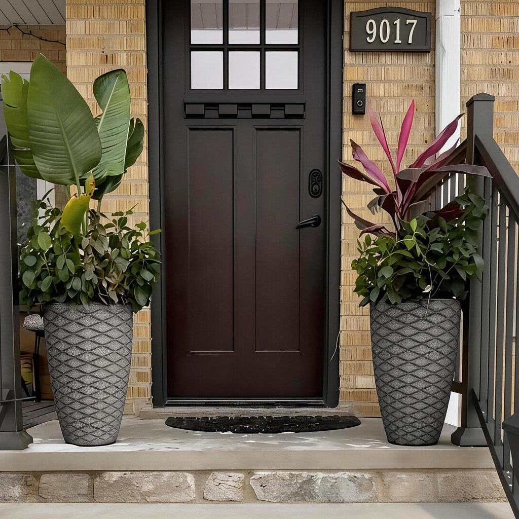 2-Pack 19" Rustic Black Resin Tall Planters with Wave Texture