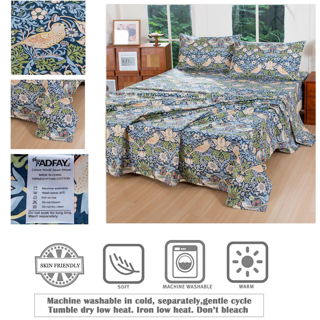King 100% Egyptian Cotton Sheets Set 4 Piece, Vintage Botanical Floral Bird Print, Luxury Soft Breathable Cooling