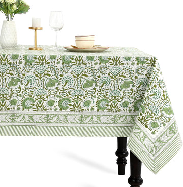 Block Print Tablecloth Agate Green 90"x60" Rectangular 100% Cotton Reusable Table Cover, Everyda