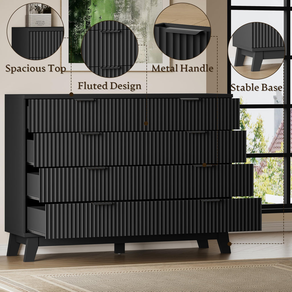 53" Wide, 8-Drawer Fluted Chest of Drawers, Modern Wood Highboy with Metal Slides and Handles, Anti-Tip Kit