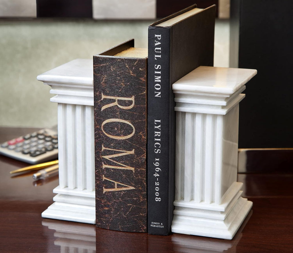 Modern Fluted Column Marble Bookends - Hand Carved, Polished Stone Bookends w/Non Slip Rubber Pads - Lightweight &