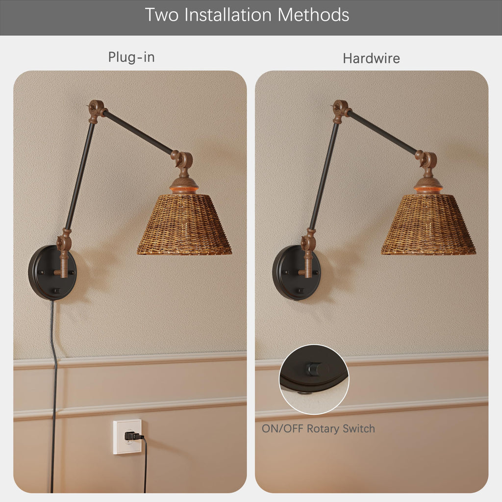 Plug in Wall Sconces Set of Two, Black Walnut Swing Arm Wall Lamp with 6.6FT Plug-in Cord and Knob Switch, Rattan