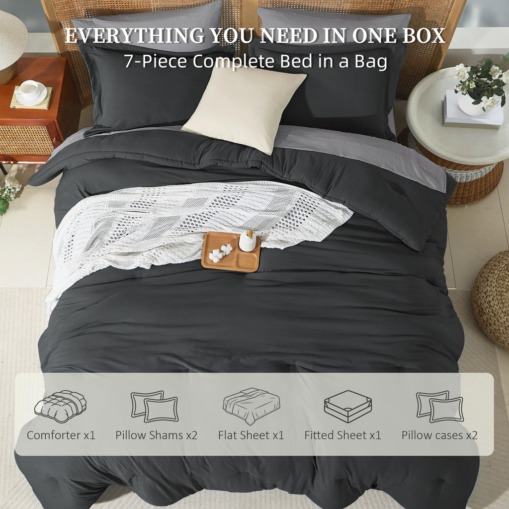 Prewashed Comforter Set 7 Pieces, Drak Gray Bed Set