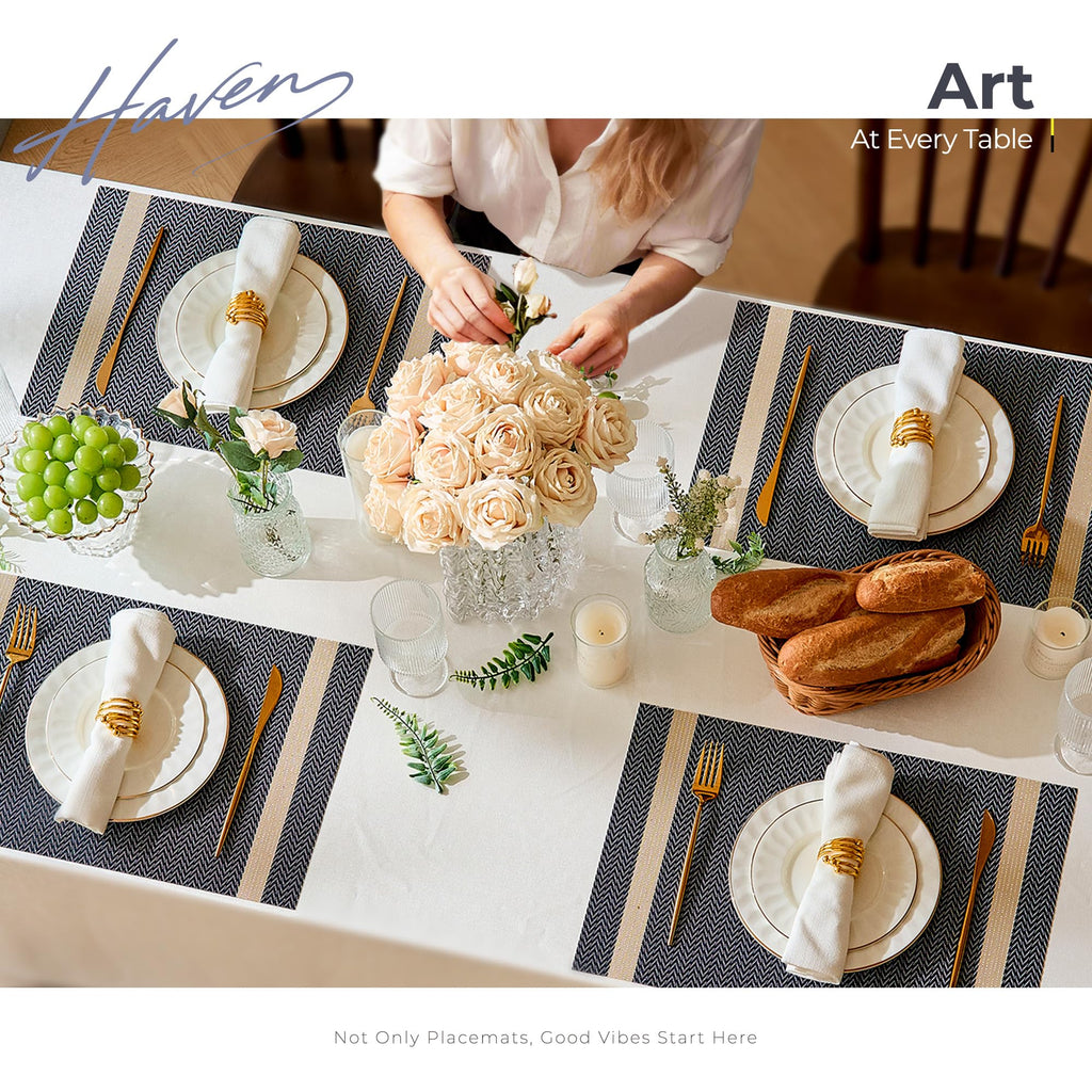 Woven Vinyl Placemats Set of 8,Blue Striped
