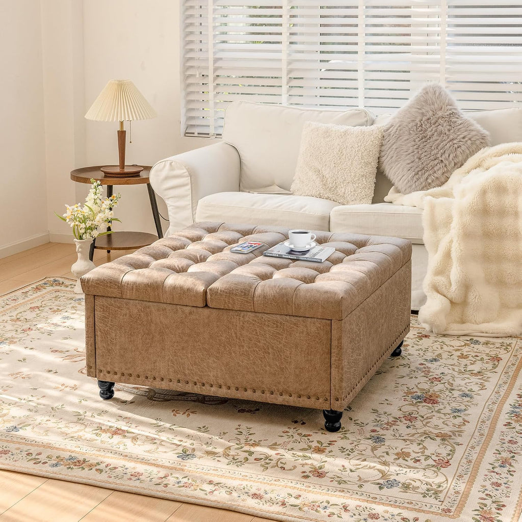 35 Inch Large Square Storage Ottoman, Coffee Table Ottoman, Faux | Lift Top Ottomans Bench Square Footrest Oversized