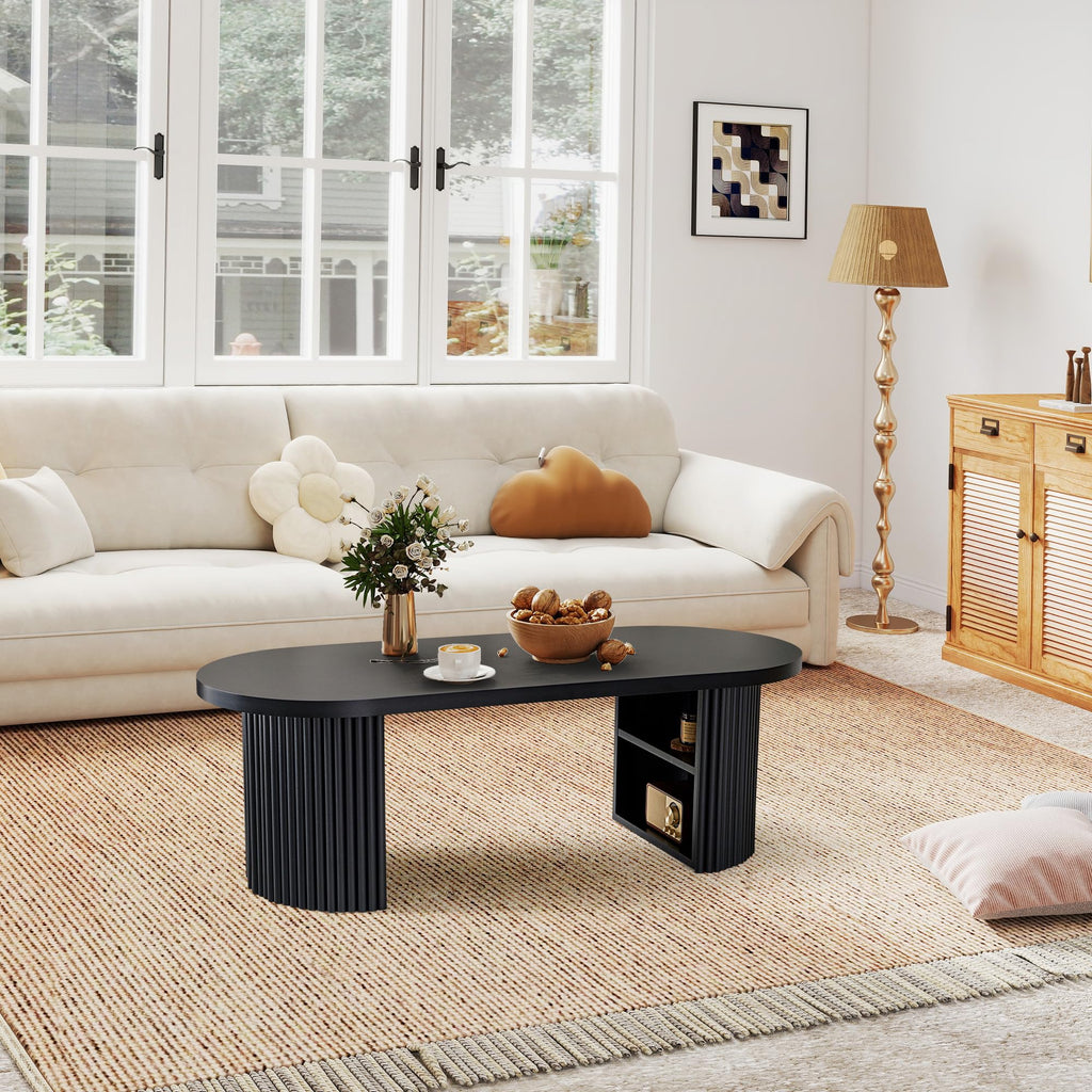 Oval Fluted, Mid Century Modern with Storage, Curved Round Wooden Center Table, Cafe, Black(47.24" x 19.69" x