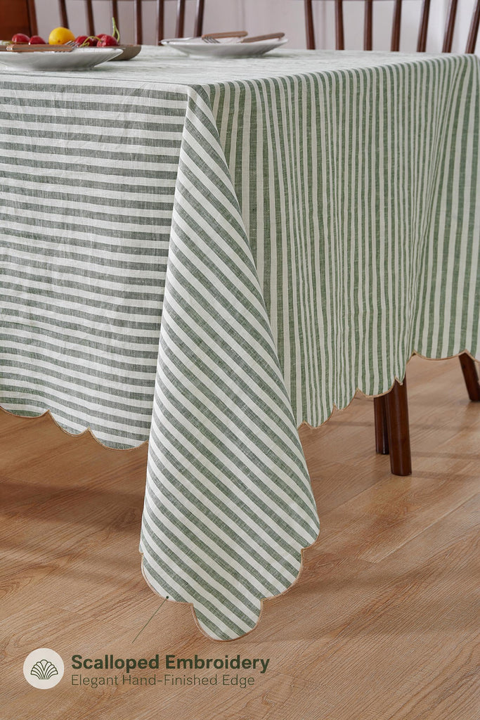 100% Yarn-Dyed Linen Stripe Tablecloths Scalloped Embroidery Rectangle 108Lx60W Inch for Dinners, Parties, Spring