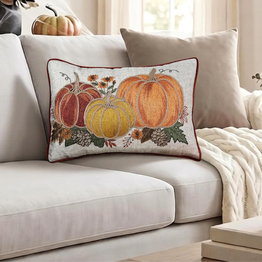 Fall Thanksgiving Embroidery Pumpkin Throw Pillow Cover 14x20 Inch, Farmhouse Harvest Decorative Cushion Case 14x20