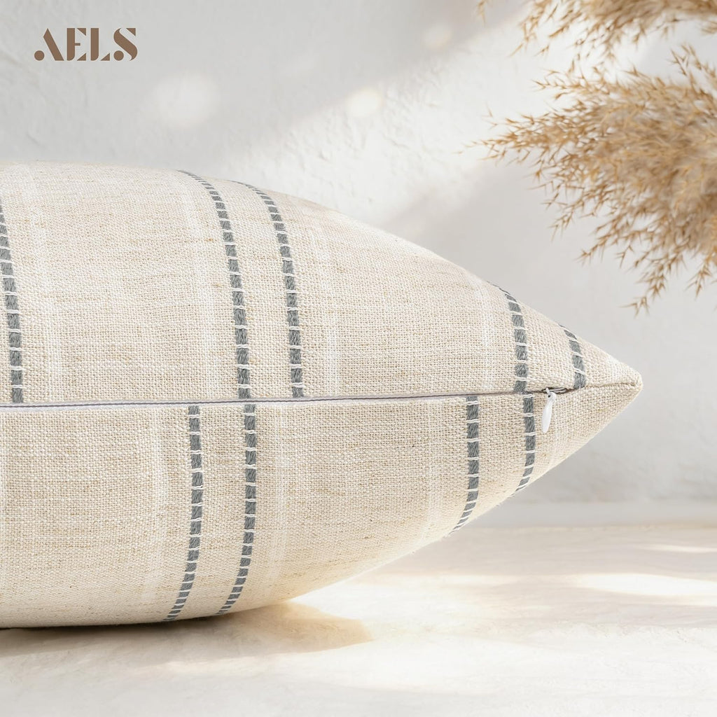 18x18 Decorative Farmhouse Linen Blend Throw Pillow Covers, Boho Textured Pillow Case, Set of 2, Beige with White &