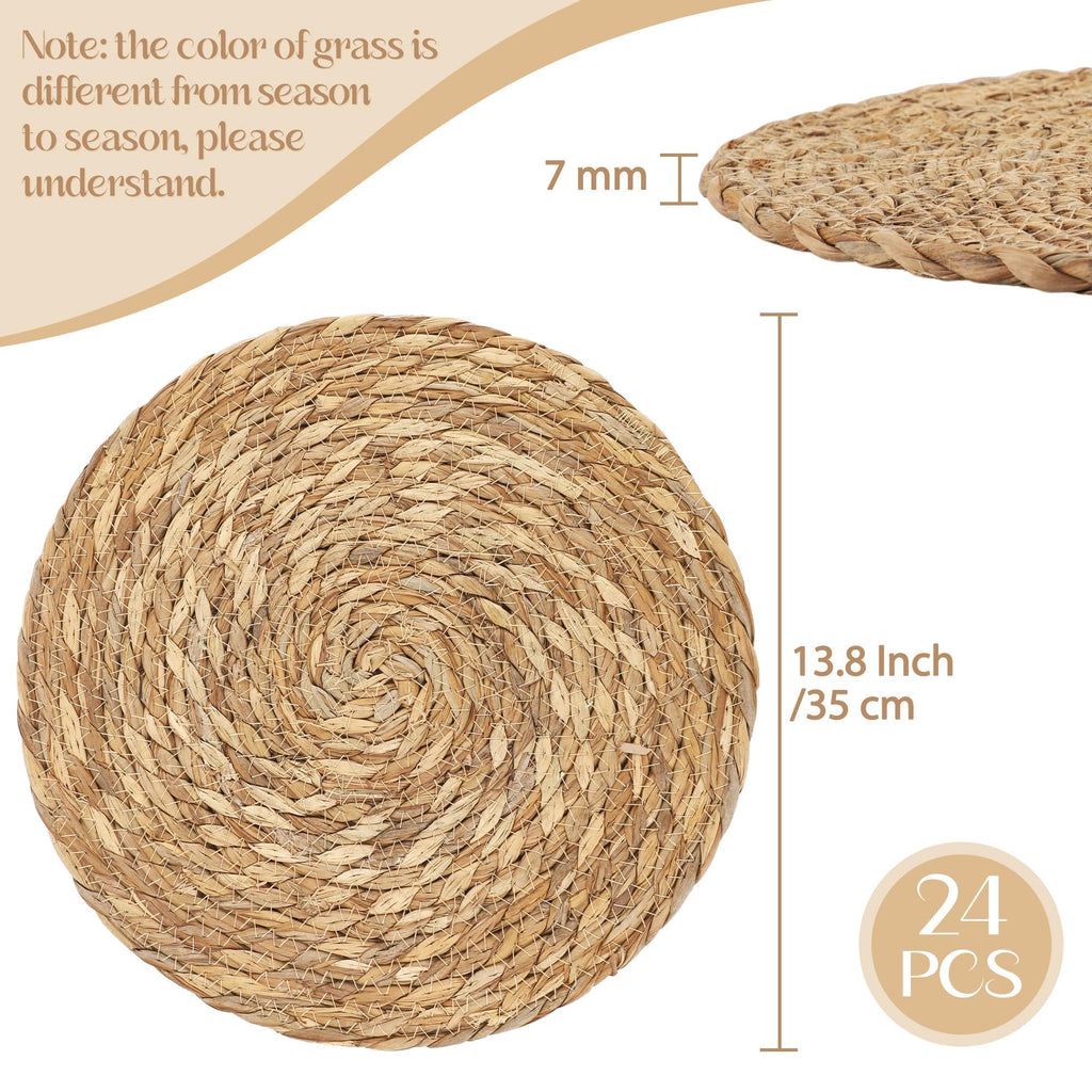 24 Pcs 13.8'' Round Bulrush Placemats, Natural Hand Woven Table Mats