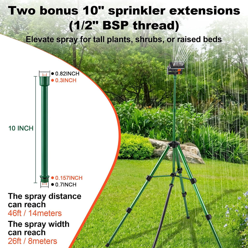 Oscillating Sprinkler Head on Telescoping Tripod Base with 2 Sprinkler Extensions, Heavy Duty Lawn Sprinklers, 360°