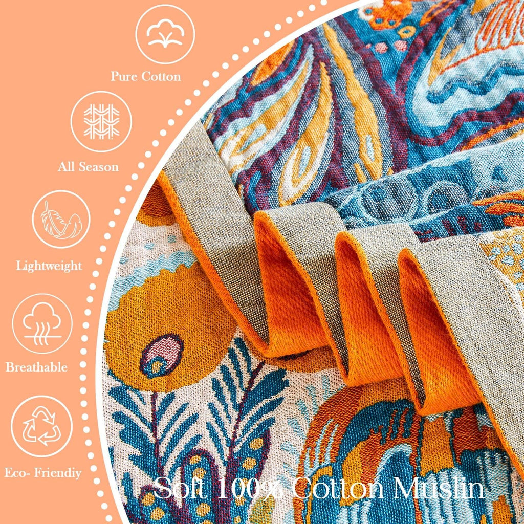 Boho Blanket Soft Muslin Boho Throw Blanket 100% Cotton Blanket All Seasons Reversible Rustic Floral Printed Vintage