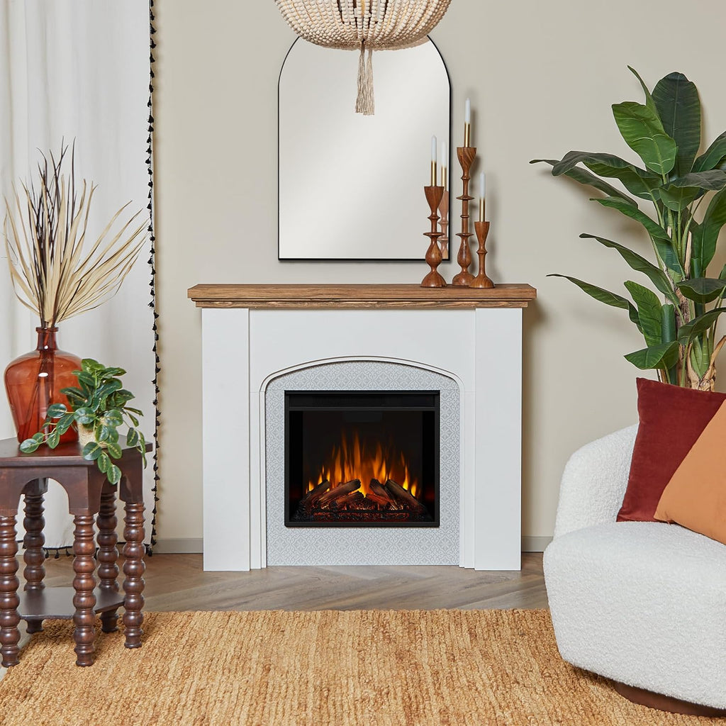 49 Inch Electric Fireplace with Mantel, Freestanding Fireplace Heater with Realistic Log and Flame Effect, Remote Control and Timer, White