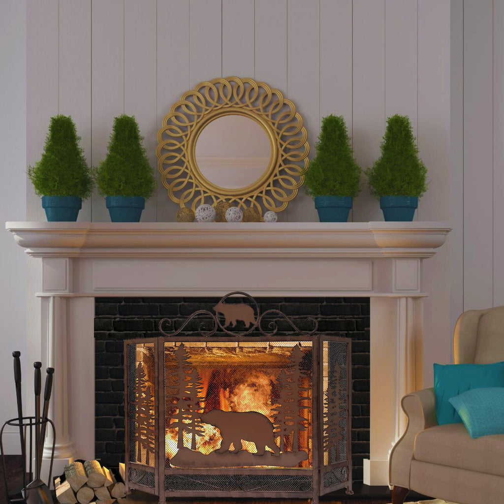 Bear in Forest Metal Fireplace Screen Lodge Cabin