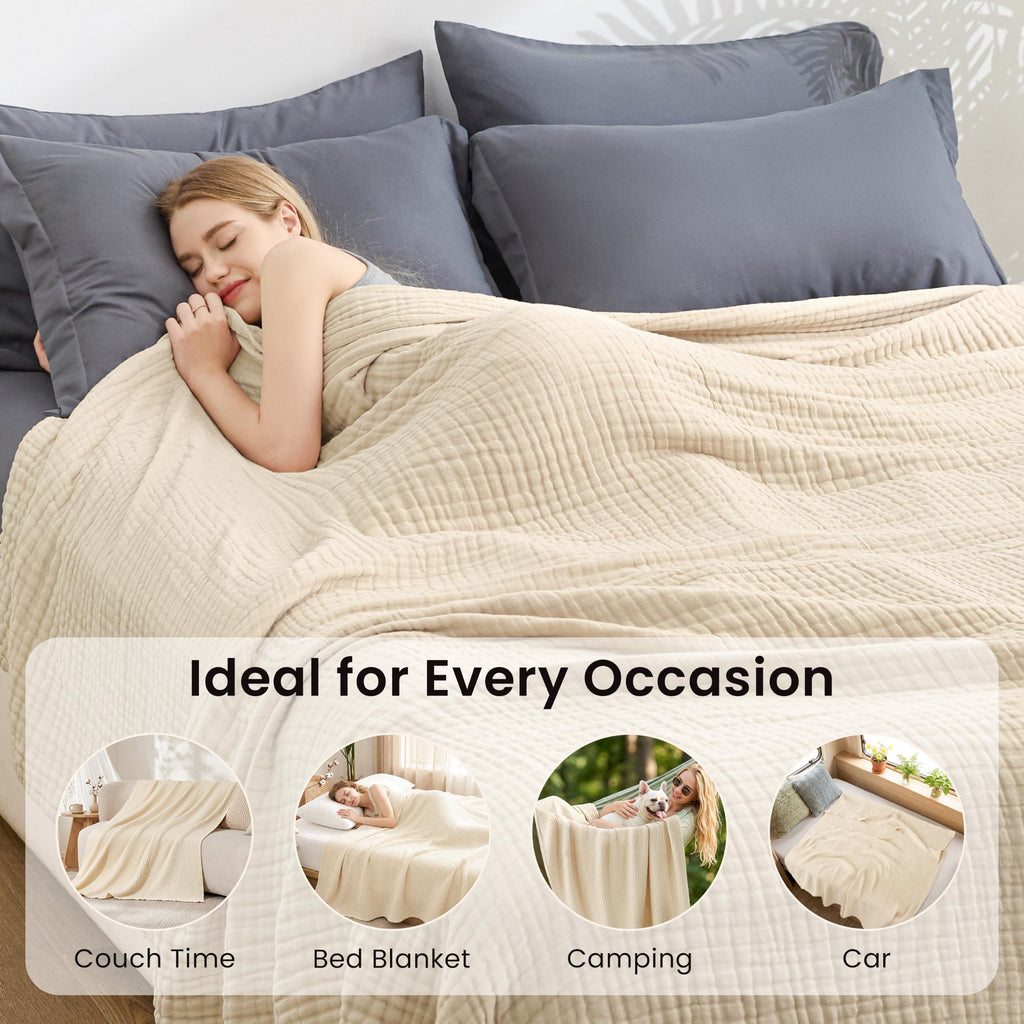 100% Cotton Muslin Blanket King Size for Bed, Beige