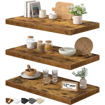 12" Deep Floating Shelves for Wall (Brown, Set of 3, 23.6" x 12")