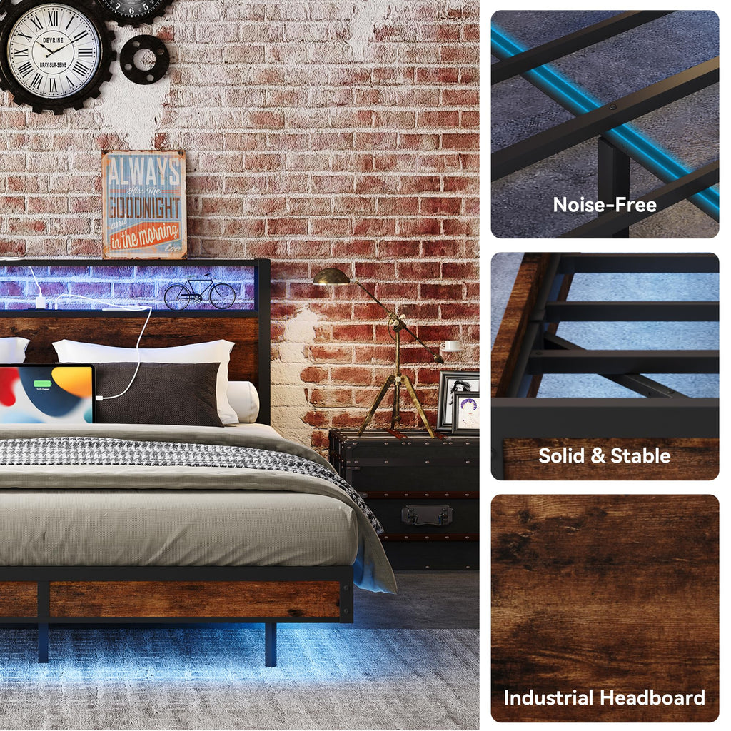 Bed Frame with Storage Headboard and Charging Station, Metal Bedframe with LED Lights, Platform Bed