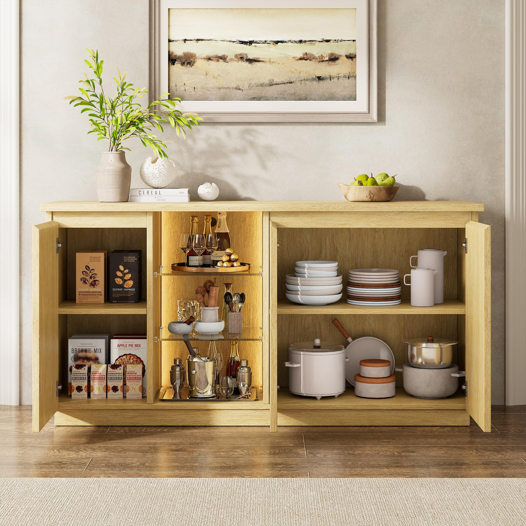 Sideboard Buffet Cabinet with Storage & LED Lights, Credenza Sideboard with Doors and Adjustable Shelves, 60" Coffee
