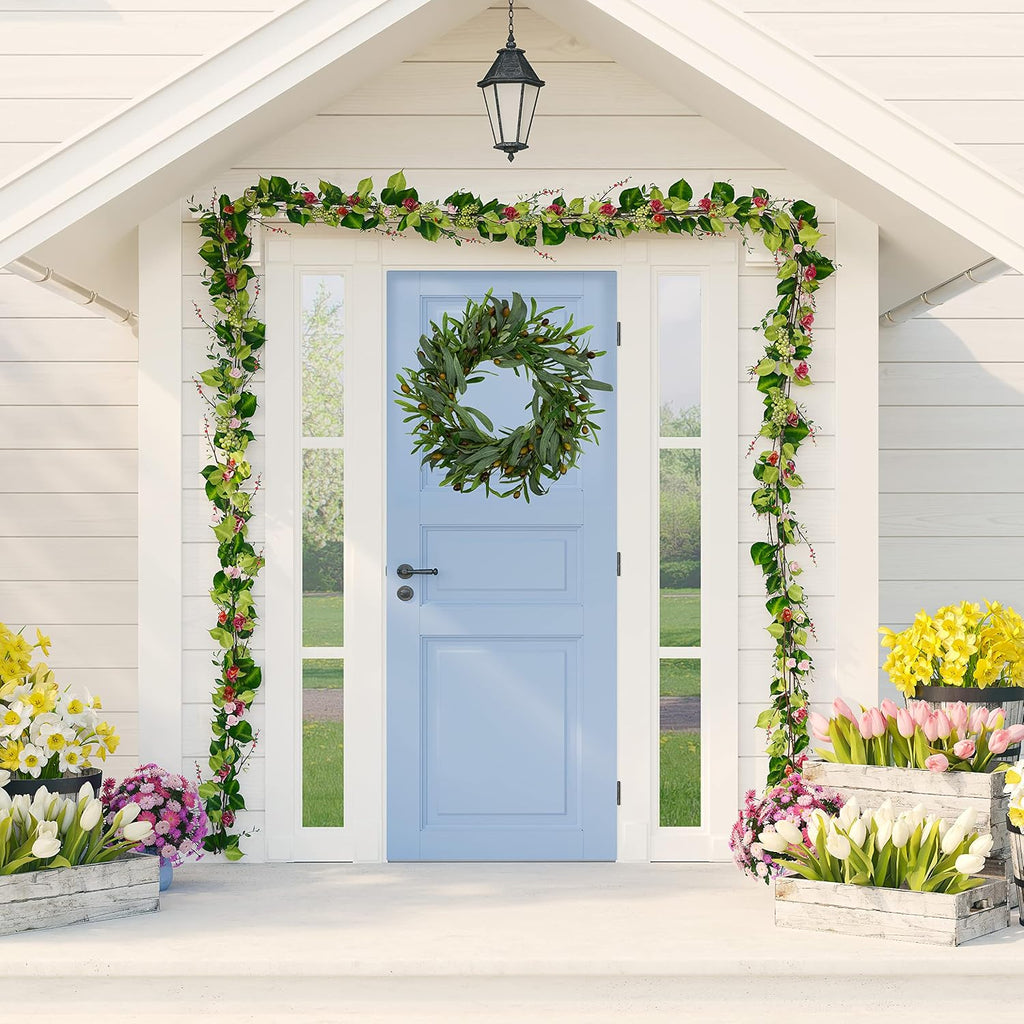 20 inches Artificial Green Olive Wreath Greenery Wreath with Olive Leaves, Bean for Front Door Indoor Outdoor