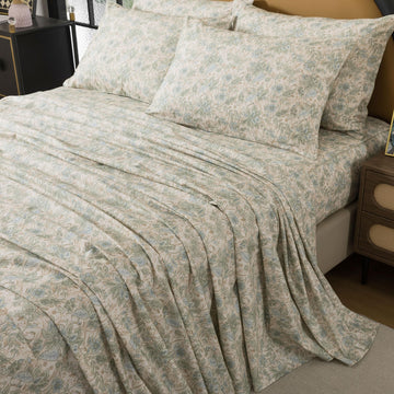 Sheets Set 100% Cotton, 4-Piece Shabby Paisley Floral Bedding Vintage Sage Green Paisley Bed Sheet Set