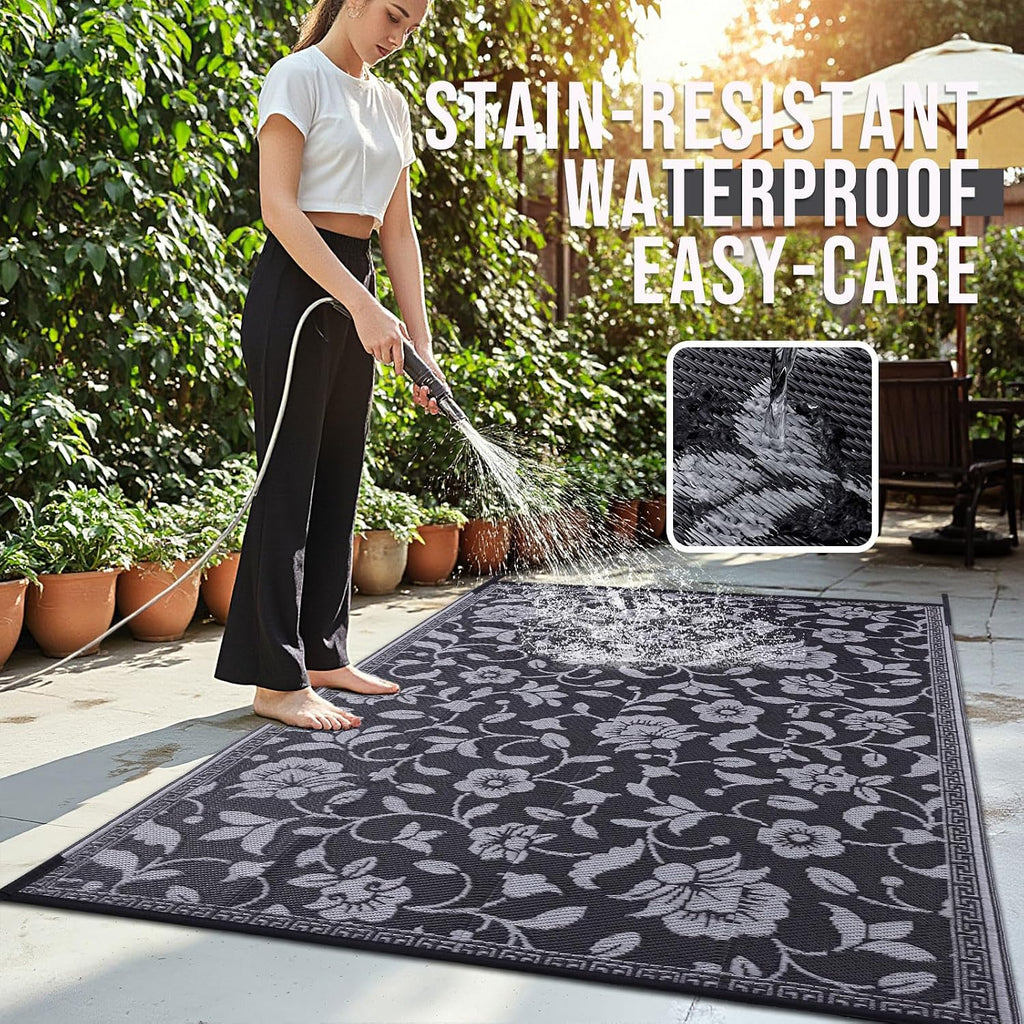 Outdoor Rug Waterproof Reversible Floral Mat, Black & Grey