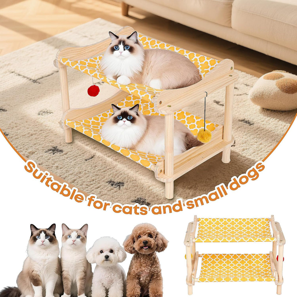 2-Layer Cat Hammock Bed, 24"x15.7"x16.3" Elevated Cat Bed with Pine Wood Frame, Breathable Washable Covers, Wooden