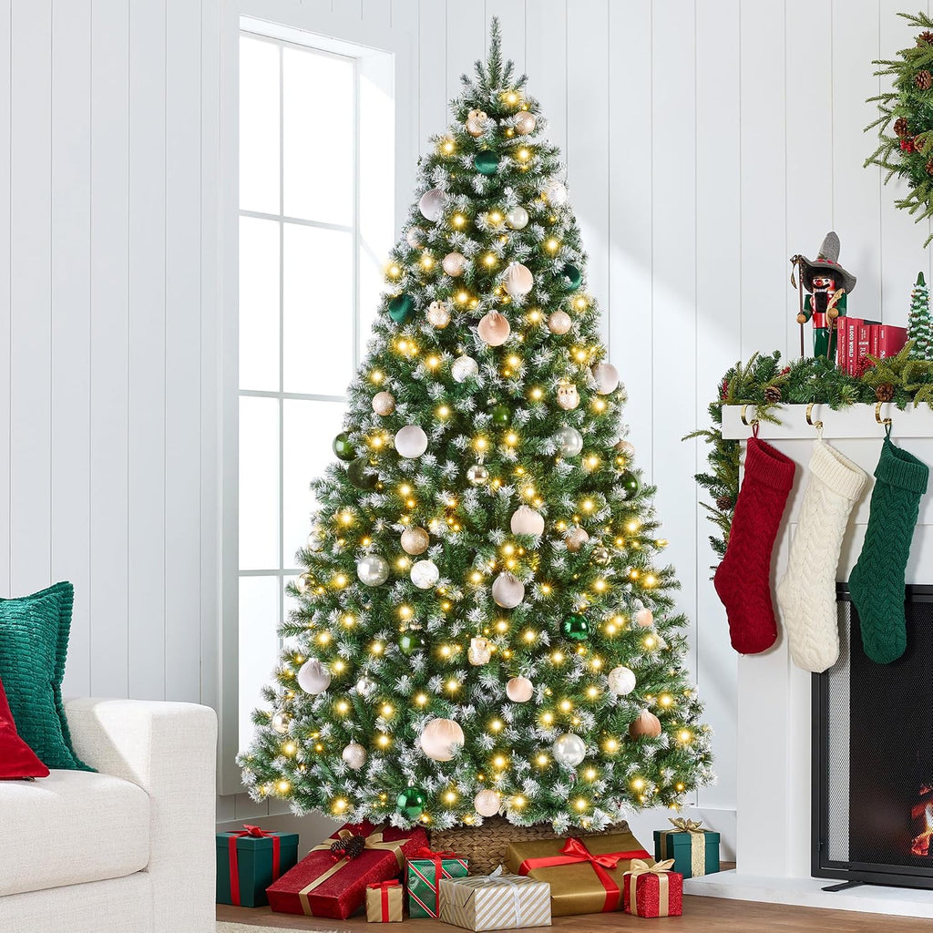 Artificial Frosted Christmas Tree, Premium Pre-Lit Realistic Spruce Holiday Décor w/Dense Branches, Metal Base