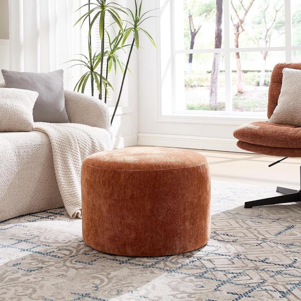 Upholstered Round Pouf Ottoman, Modern Footstool, Orange-Brown | Small Chenille Footrest with Soft Padded Seat & Wood