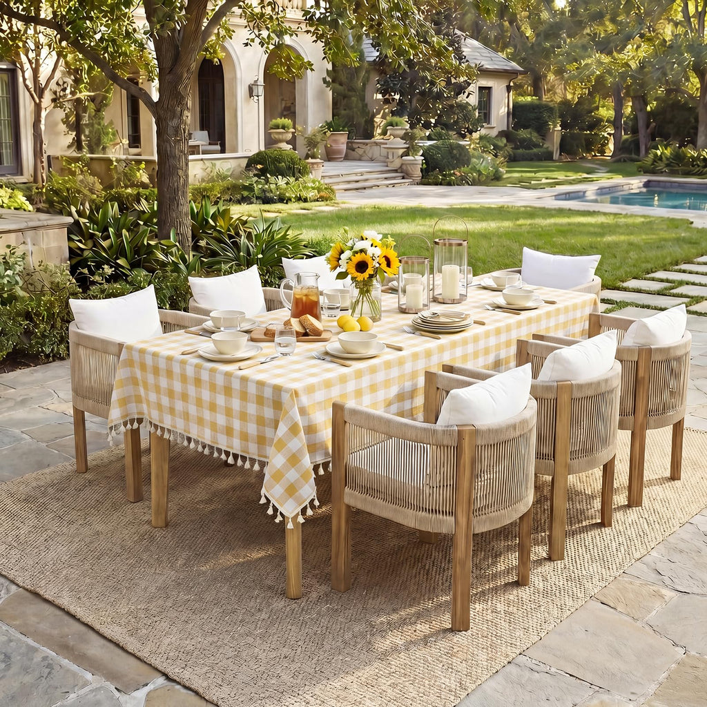 Gingham Rectangle Tablecloth with Tassel, Yellow, 55" x 120"