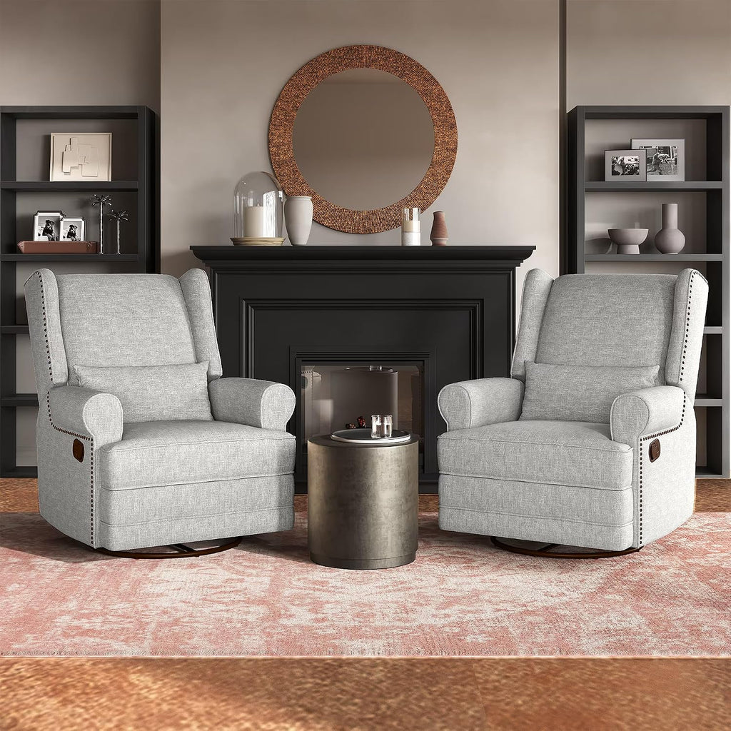 Manual Swivel Rocker Recliner w/ Lumbar Support, Linen Nursery Glider, Gray | 360° Swivel, Nailhead Trim