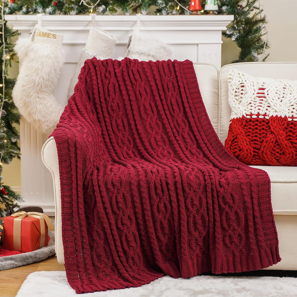Christmas Dark Red Throw Blanket for Couch, Bed, Sofa, 51"x67", Woven Chenille Knit Throw Blankets, Gift Blanket
