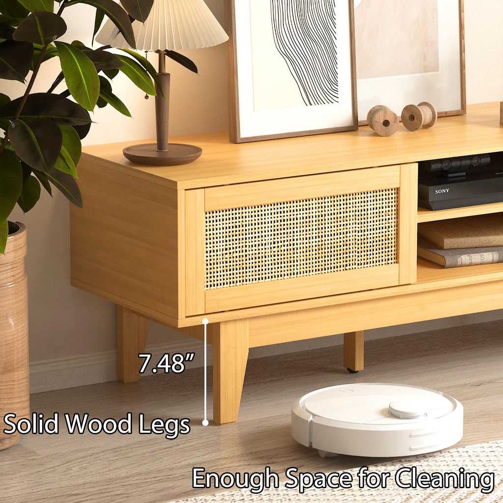 59" TV Stand for 55 65 Inch TVs, Rattan Entertainment Center, Natural