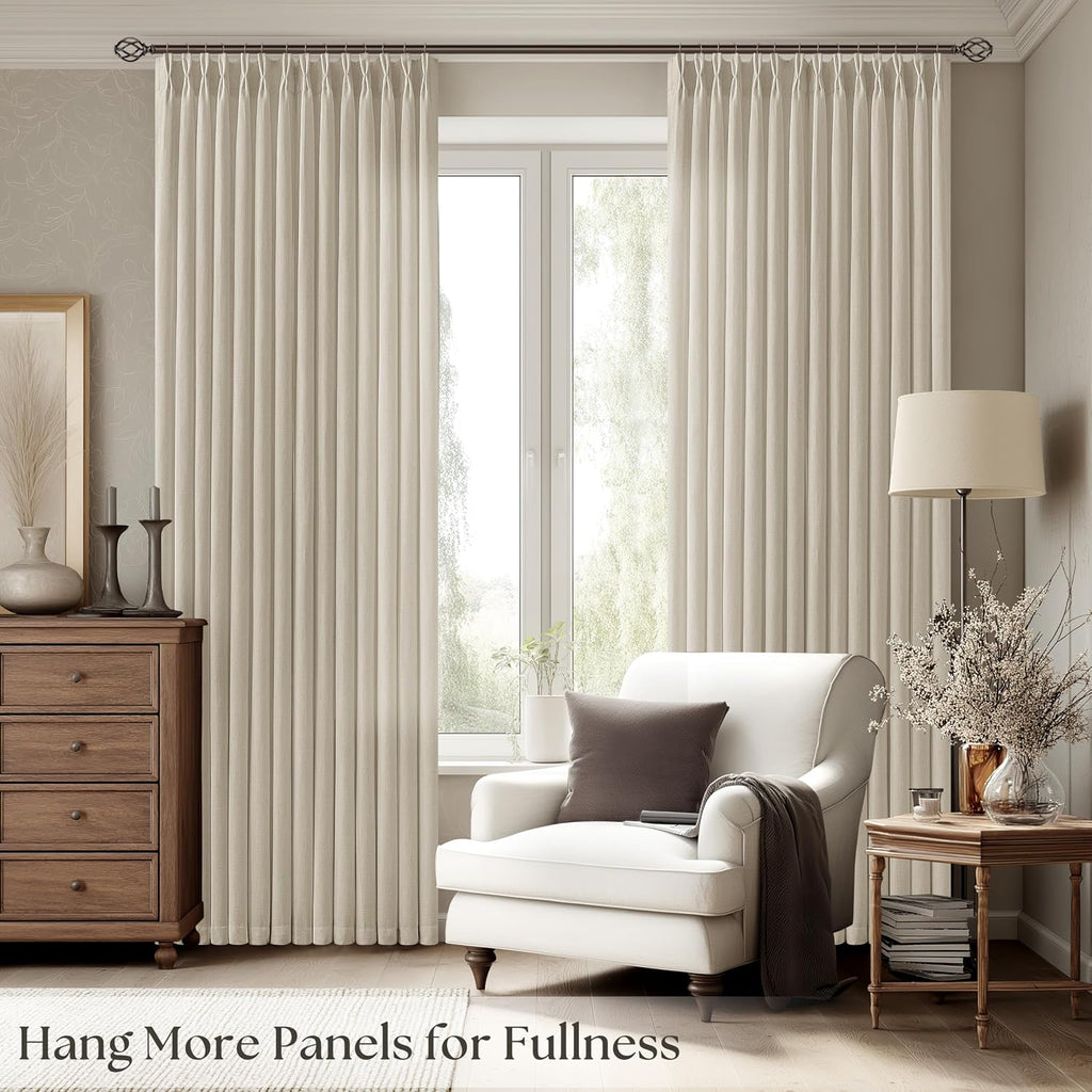Neutral Linen Curtains 102 Inch Long Pinch Pleated 2 Panels for Living Room Light Filtering Semi Sheer Pinch Pleat