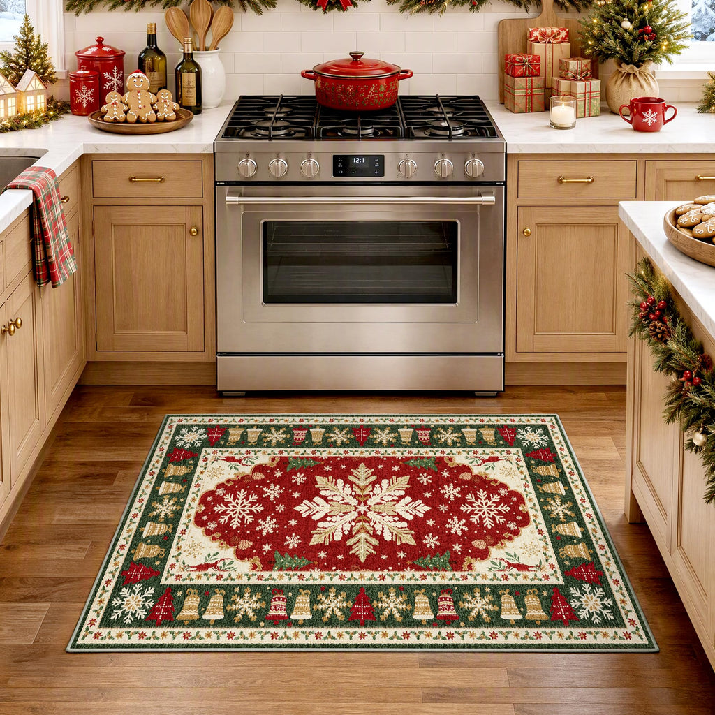 Christmas Red Snowflake Medallion Xmas Washable Entryway Rug