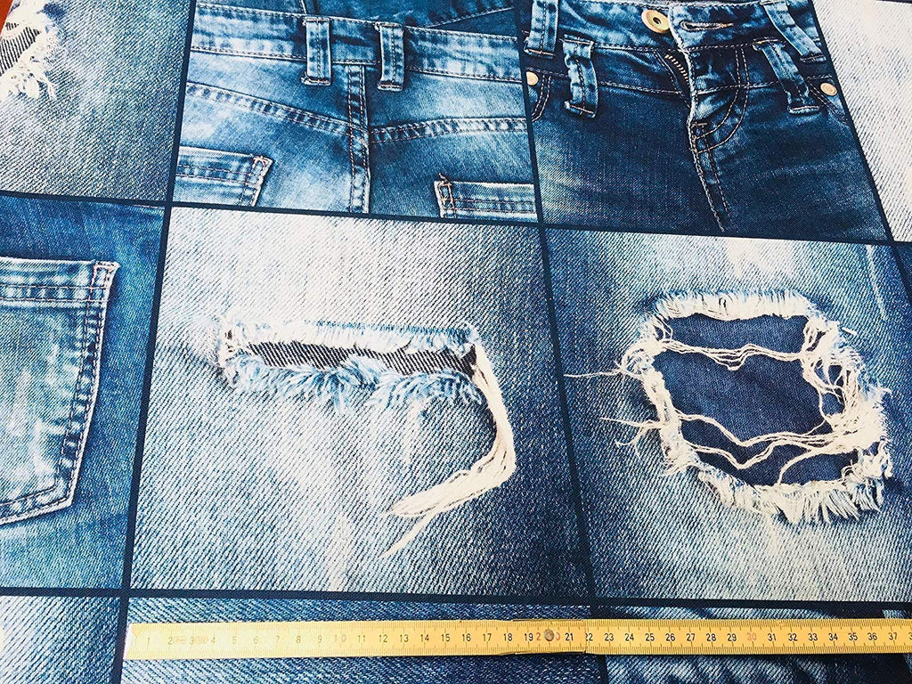 Denim Effect Fabric for Interior Decoration, Curtains - Blue Patchwork Cotton Material - Digital Print Canvas - 55''